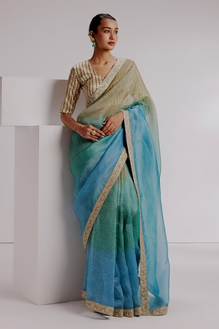 Taisha Multi Color Saree Pure Zari Crushed Ombre Textured Set With Geometric Blouse 