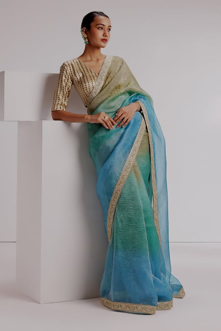 Taisha_Multi Color Silk, Satin, Ombre Textured Saree Set With Geometric Woven Blouse _Online_at_Aza_Fashions