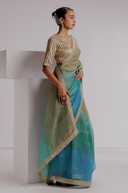 Buy_Taisha_Multi Color Silk, Satin, Ombre Textured Saree Set With Geometric Woven Blouse _Online_at_Aza_Fashions
