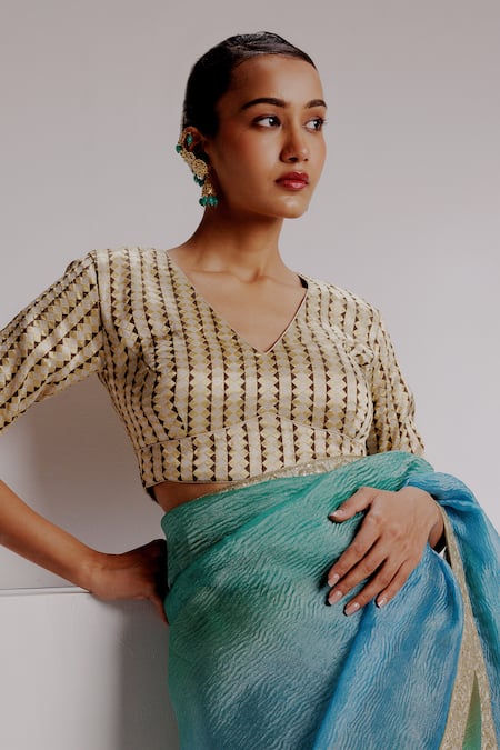 Shop_Taisha_Multi Color Silk, Satin, Ombre Textured Saree Set With Geometric Woven Blouse _Online_at_Aza_Fashions