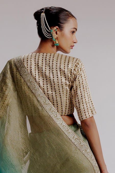 Taisha_Multi Color Silk, Satin, Ombre Textured Saree Set With Geometric Woven Blouse _at_Aza_Fashions