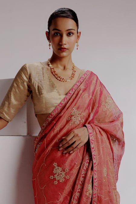 Shop_Taisha_Red Silk, Kota Doria, Satin Embroidery, Thread Floral Banarasi Saree Set _Online_at_Aza_Fashions