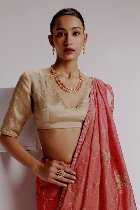 Taisha_Red Silk, Kota Doria, Satin Embroidery, Thread Floral Banarasi Saree Set _at_Aza_Fashions