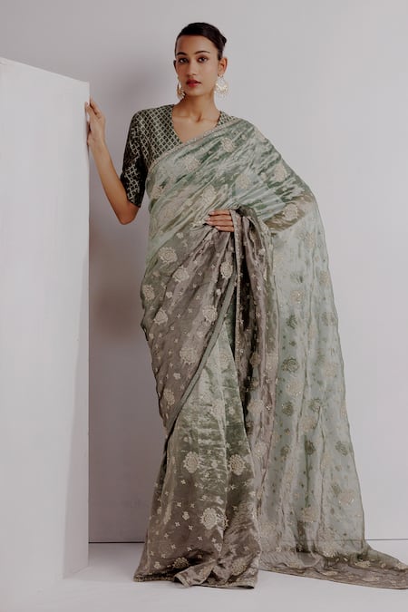 Taisha_Blue Tissue, Silk, Satin Floral Jaal Saree Set With Kadhwa Woven Blouse _Online_at_Aza_Fashions