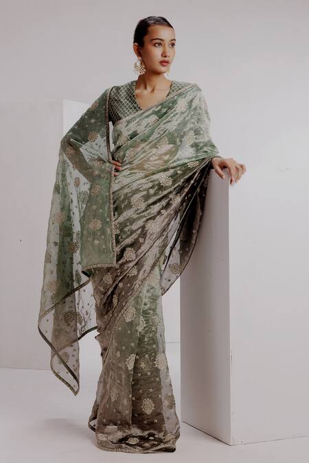 Buy_Taisha_Blue Tissue, Silk, Satin Floral Jaal Saree Set With Kadhwa Woven Blouse _Online_at_Aza_Fashions
