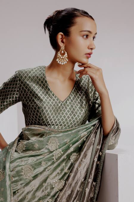 Shop_Taisha_Blue Tissue, Silk, Satin Floral Jaal Saree Set With Kadhwa Woven Blouse _Online_at_Aza_Fashions