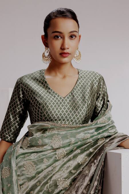 Taisha_Blue Tissue, Silk, Satin Floral Jaal Saree Set With Kadhwa Woven Blouse _at_Aza_Fashions