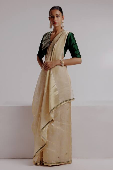Taisha_Multi Color Silk, Satin Embroidery V-neck Woven Banarasi Saree Set With Blouse _Online_at_Aza_Fashions