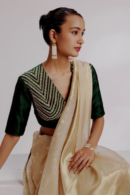 Taisha_Multi Color Silk, Satin Embroidery V-neck Woven Banarasi Saree Set With Blouse _at_Aza_Fashions