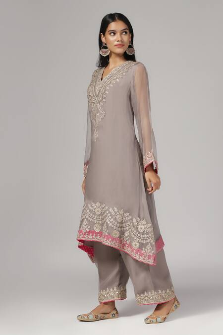 Anju & Harleen_Purple , , Cotton, Embroidery Aari Kurta And Pant Set _Online_at_Aza_Fashions