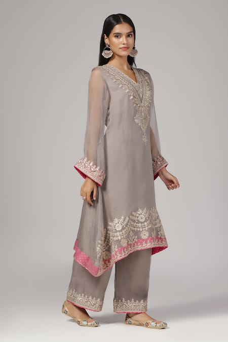 Buy_Anju & Harleen_Purple , , Cotton, Embroidery Aari Kurta And Pant Set _Online_at_Aza_Fashions