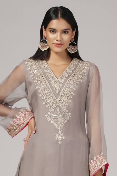 Anju & Harleen_Purple , , Cotton, Embroidery Aari Kurta And Pant Set _at_Aza_Fashions