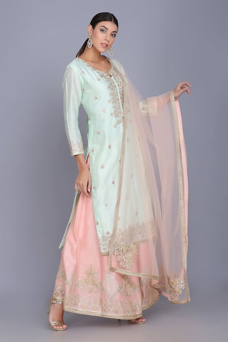 Anju & Harleen_Blue Silk, Chanderi, Cotton Embroidery, Zari V-neck Kurta Sharara Set _Online_at_Aza_Fashions