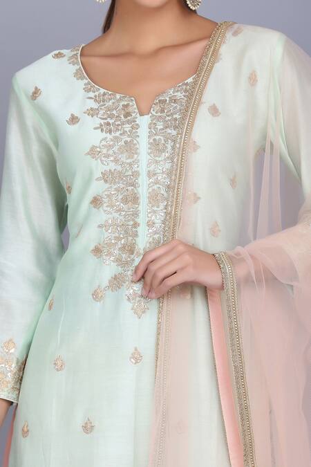 Buy_Anju & Harleen_Blue Silk, Chanderi, Cotton Embroidery, Zari V-neck Kurta Sharara Set _Online_at_Aza_Fashions