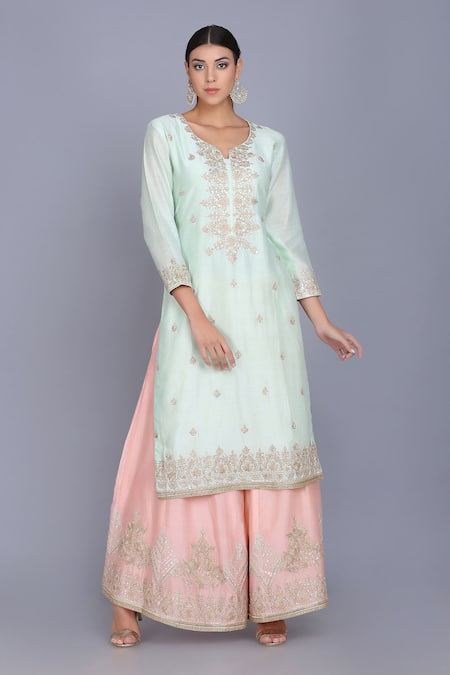 Shop_Anju & Harleen_Blue Silk, Chanderi, Cotton Embroidery, Zari V-neck Kurta Sharara Set _Online_at_Aza_Fashions
