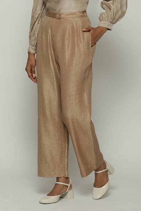 Abraham And Thakore_Brown Silk Straight Fit Trouser_Online_at_Aza_Fashions