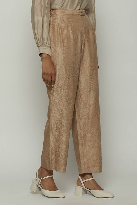 Buy_Abraham And Thakore_Brown Silk Straight Fit Trouser_Online_at_Aza_Fashions