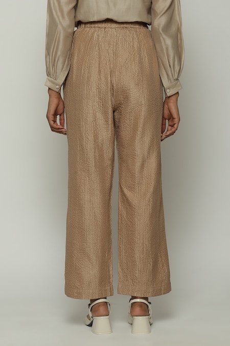Shop_Abraham And Thakore_Brown Silk Straight Fit Trouser_Online_at_Aza_Fashions