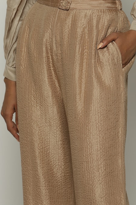 Abraham And Thakore_Brown Silk Straight Fit Trouser_at_Aza_Fashions