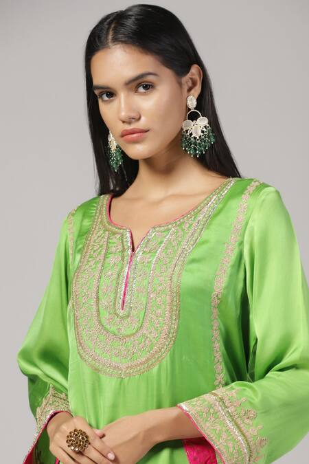 Buy_Anju & Harleen_Green Silk, Chanderi Embroidery Collared Kurta And Salwar Set _Online_at_Aza_Fashions