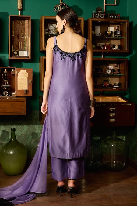 Shop Meesa Purple Chanderi Silk, Organza Embroidery Scoop Neck Kurta Pant Set at Aza Fashions Shop_Meesa_Purple Chanderi Silk, Organza Embroidery Scoop Neck Kurta Pant Set _at_Aza_Fashions