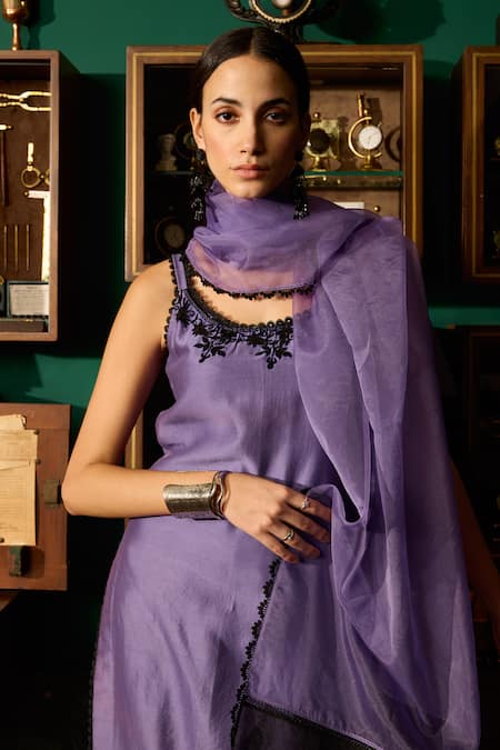 Meesa Purple Chanderi Silk, Organza Embroidery Scoop Neck Kurta Pant Set Online at Aza Fashions Meesa_Purple Chanderi Silk, Organza Embroidery Scoop Neck Kurta Pant Set _Online_at_Aza_Fashions