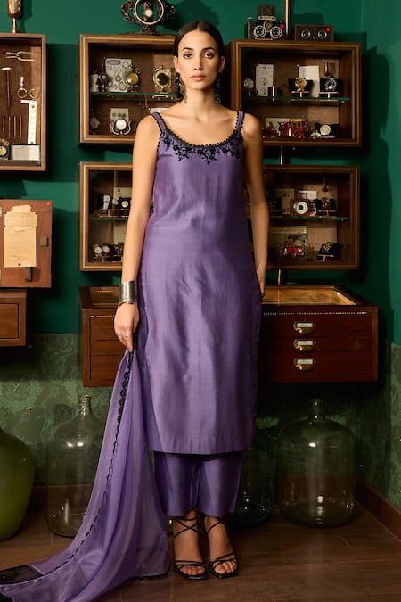 Shop Meesa Purple Chanderi Silk, Organza Embroidery Scoop Neck Kurta Pant Set Online at Aza Fashions Shop_Meesa_Purple Chanderi Silk, Organza Embroidery Scoop Neck Kurta Pant Set _Online_at_Aza_Fashions