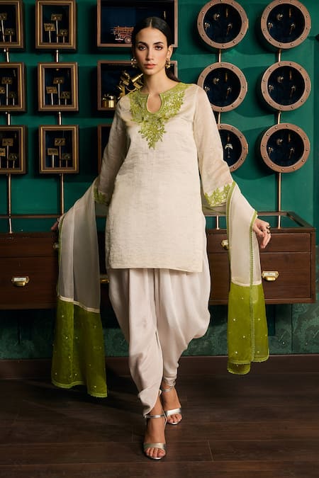 Meesa Chanderi Silk Embroidered Yoke Kurta Tulip Pant Set 