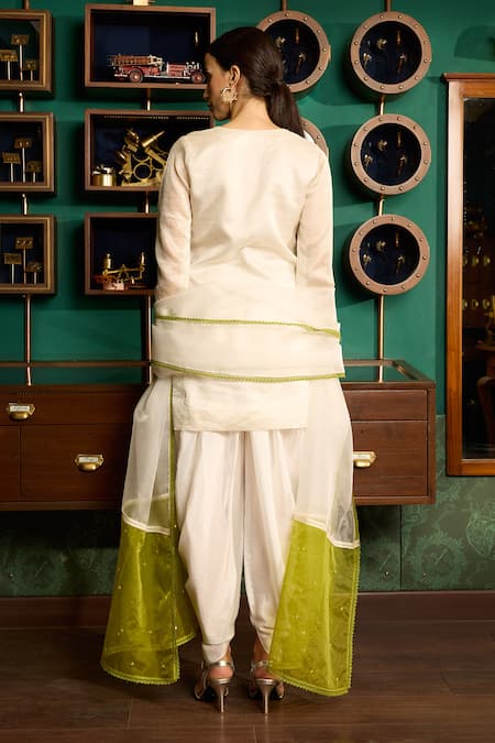 Shop Meesa Off White Chanderi Silk, Crepe, Organza Embroidery Yoke Kurta Tulip Pant Set at Aza Fashions Shop_Meesa_Off White Chanderi Silk, Crepe, Organza Embroidery Yoke Kurta Tulip Pant Set _at_Aza_Fashions
