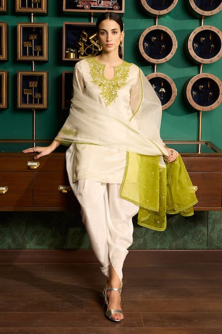 Meesa Off White Chanderi Silk, Crepe, Organza Embroidery Yoke Kurta Tulip Pant Set Online at Aza Fashions Meesa_Off White Chanderi Silk, Crepe, Organza Embroidery Yoke Kurta Tulip Pant Set _Online_at_Aza_Fashions