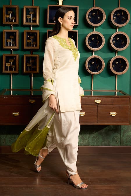 Buy Meesa Off White Chanderi Silk, Crepe, Organza Embroidery Yoke Kurta Tulip Pant Set Online at Aza Fashions Buy_Meesa_Off White Chanderi Silk, Crepe, Organza Embroidery Yoke Kurta Tulip Pant Set _Online_at_Aza_Fashions