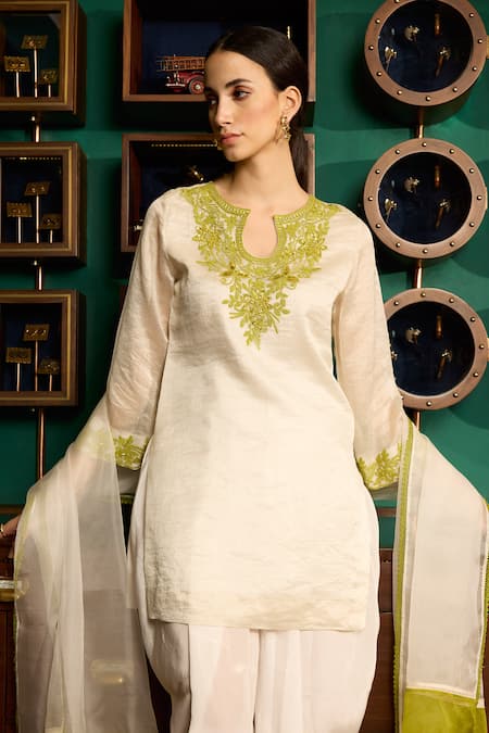 Shop Meesa Off White Chanderi Silk, Crepe, Organza Embroidery Yoke Kurta Tulip Pant Set Online at Aza Fashions Shop_Meesa_Off White Chanderi Silk, Crepe, Organza Embroidery Yoke Kurta Tulip Pant Set _Online_at_Aza_Fashions