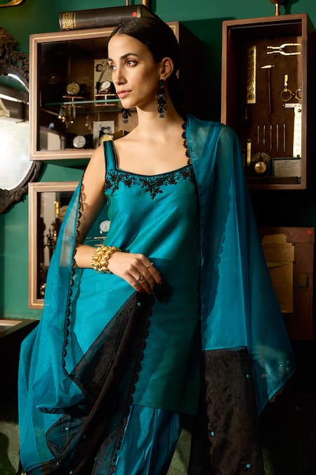 Shop Meesa Blue Silk, Organza Embroidery Scoop Neck Raw Short Kurta Pant Set Online at Aza Fashions Shop_Meesa_Blue Silk, Organza Embroidery Scoop Neck Raw Short Kurta Pant Set _Online_at_Aza_Fashions