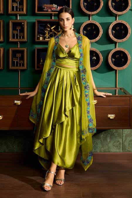 Meesa Green Bustier And Skirt Satin Placement Embroidery Floral Cape & Draped Set 