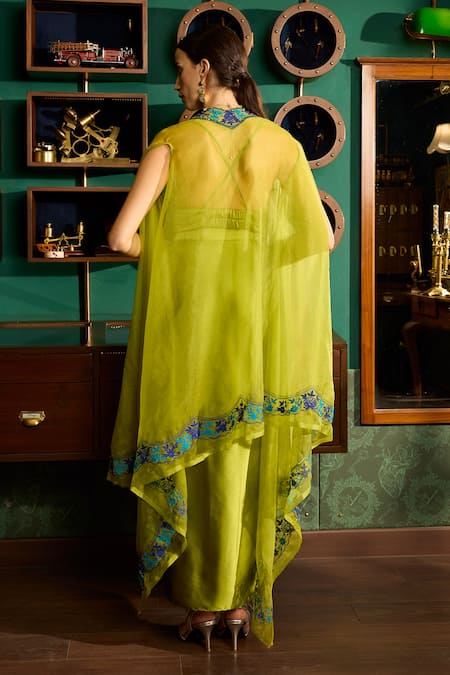 Shop Meesa Green Satin Embroidery V-neck Placement Cape And Draped Skirt Set at Aza Fashions Shop_Meesa_Green Satin Embroidery V-neck Placement Cape And Draped Skirt Set _at_Aza_Fashions
