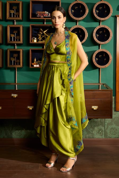 Buy Meesa Green Satin Embroidery V-neck Placement Cape And Draped Skirt Set Online at Aza Fashions Buy_Meesa_Green Satin Embroidery V-neck Placement Cape And Draped Skirt Set _Online_at_Aza_Fashions