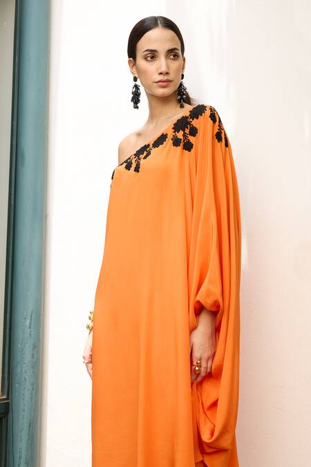 Meesa Orange Crepe Embroidery Asymmetric Placement Kaftan With Pant Online at Aza Fashions Meesa_Orange Crepe Embroidery Asymmetric Placement Kaftan With Pant _Online_at_Aza_Fashions