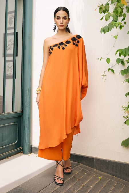 Buy Meesa Orange Crepe Embroidery Asymmetric Placement Kaftan With Pant Online at Aza Fashions Buy_Meesa_Orange Crepe Embroidery Asymmetric Placement Kaftan With Pant _Online_at_Aza_Fashions