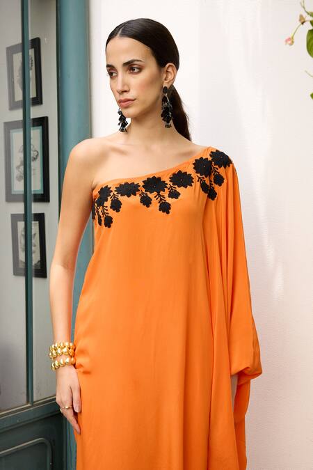 Shop Meesa Orange Crepe Embroidery Asymmetric Placement Kaftan With Pant Online at Aza Fashions Shop_Meesa_Orange Crepe Embroidery Asymmetric Placement Kaftan With Pant _Online_at_Aza_Fashions