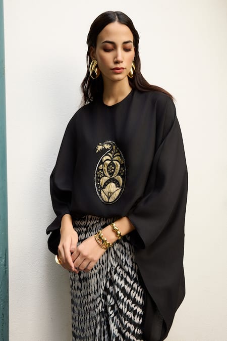 Shop_Meesa_Black Crepe Placement Embroidery Floral Round Neck Gota Kaftan Top_Online_at_Aza_Fashions