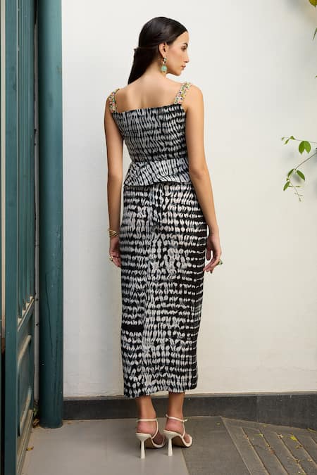 Shop_Meesa_Black Crepe Sweetheart Neck Pattern Peplum Top With Skirt _at_Aza_Fashions