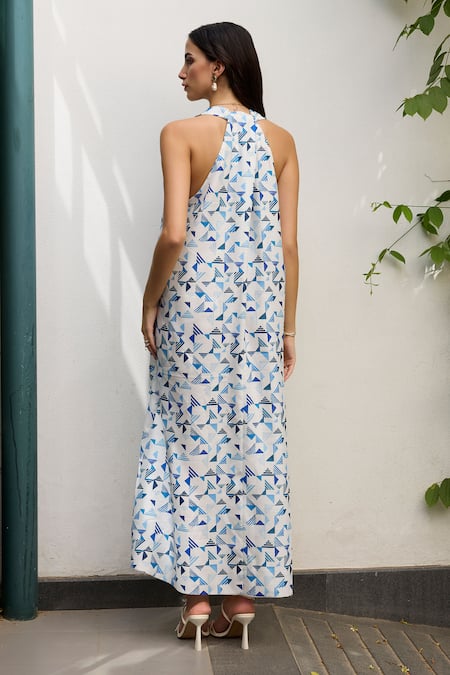 Shop Meesa White Linen Print Geometric V Neck Abstract Dress at Aza Fashions Shop_Meesa_White Linen Print Geometric V Neck Abstract Dress _at_Aza_Fashions