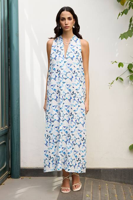 Meesa White Linen Print Geometric V Neck Abstract Dress Online at Aza Fashions Meesa_White Linen Print Geometric V Neck Abstract Dress _Online_at_Aza_Fashions