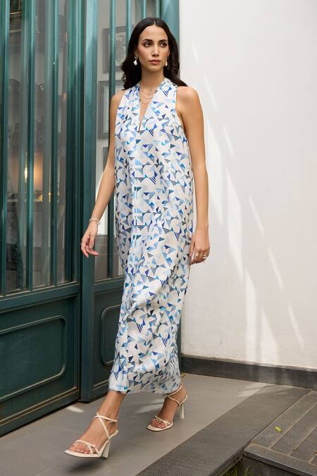 Buy Meesa White Linen Print Geometric V Neck Abstract Dress Online at Aza Fashions Buy_Meesa_White Linen Print Geometric V Neck Abstract Dress _Online_at_Aza_Fashions