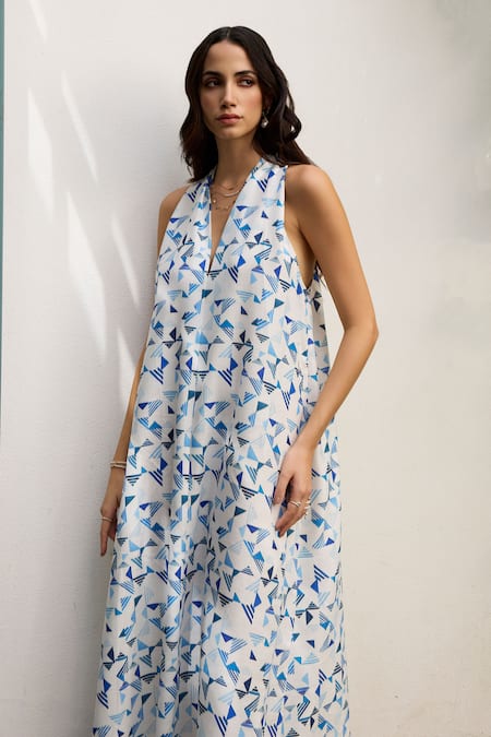 Shop Meesa White Linen Print Geometric V Neck Abstract Dress Online at Aza Fashions Shop_Meesa_White Linen Print Geometric V Neck Abstract Dress _Online_at_Aza_Fashions