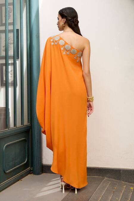 Shop Meesa Orange Crepe Placement Embroidery Floral Asymmetric Neck Kaftan at Aza Fashions Shop_Meesa_Orange Crepe Placement Embroidery Floral Asymmetric Neck Kaftan _at_Aza_Fashions