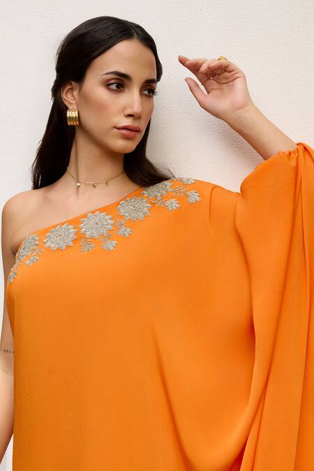 Shop Meesa Orange Crepe Placement Embroidery Floral Asymmetric Neck Kaftan Online at Aza Fashions Shop_Meesa_Orange Crepe Placement Embroidery Floral Asymmetric Neck Kaftan _Online_at_Aza_Fashions
