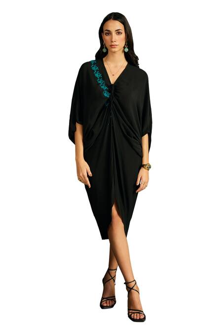 Meesa Black Crepe Placement Embroidery Floral V Neck Flower Kaftan Online at Aza Fashions Meesa_Black Crepe Placement Embroidery Floral V Neck Flower Kaftan _Online_at_Aza_Fashions