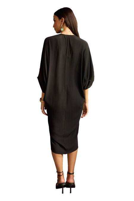 Buy Meesa Black Crepe Placement Embroidery Floral V Neck Flower Kaftan Buy_Meesa_Black Crepe Placement Embroidery Floral V Neck Flower Kaftan