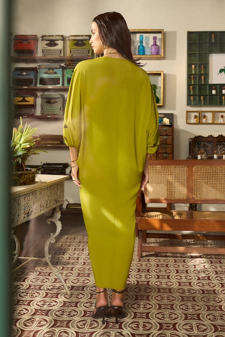 Shop Meesa Green Crepe Embroidery Hearts V Neck Contrast Kaftan at Aza Fashions Shop_Meesa_Green Crepe Embroidery Hearts V Neck Contrast Kaftan _at_Aza_Fashions